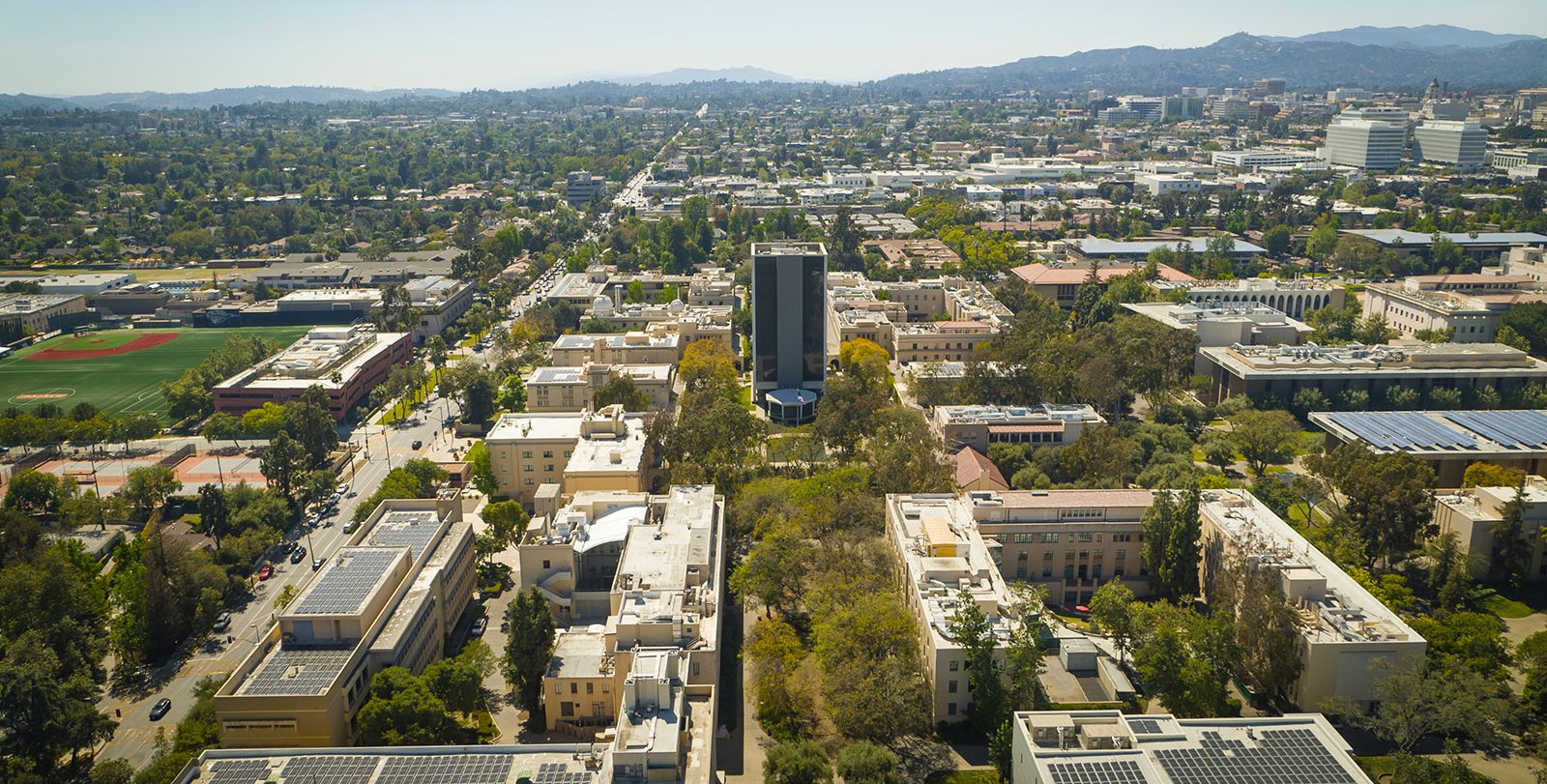 aerial photo of Caltech campus with newly renamed Caltech Hall in the center