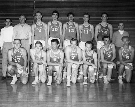 A black and white photo of a team of Caltech students and coaches from the 1950s. The men in the front row are kneeling.
