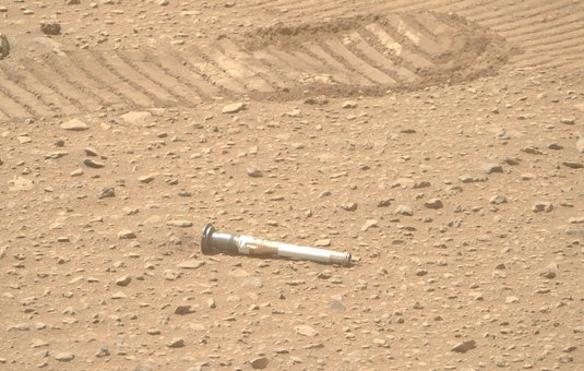 A sealed tube containing a sample of the Martian surface collected by the Perseverance Mars rover