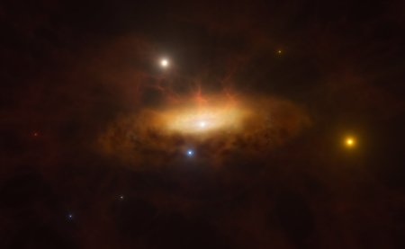 A glowing disc of material with cloudlike material around it are lit up in the center of a dark image with a few bright starlike spots.