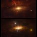 Two versions of a swirling disk of gas on a dark background (one is shown above the other). In the top image, there is more cloudy material above the disc. In the lower image, there are red streaks falling into the center of the disc.