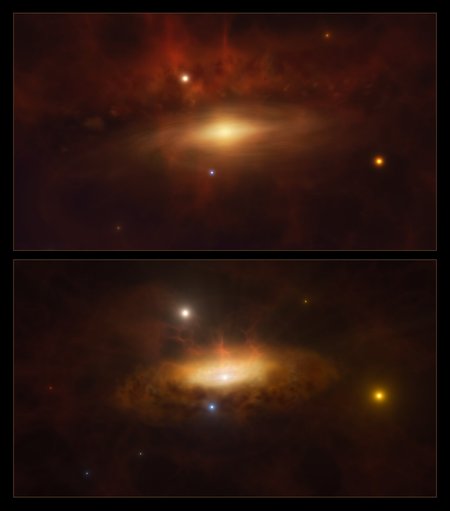Two versions of a swirling disk of gas on a dark background (one is shown above the other). In the top image, there is more cloudy material above the disc. In the lower image, there are red streaks falling into the center of the disc.