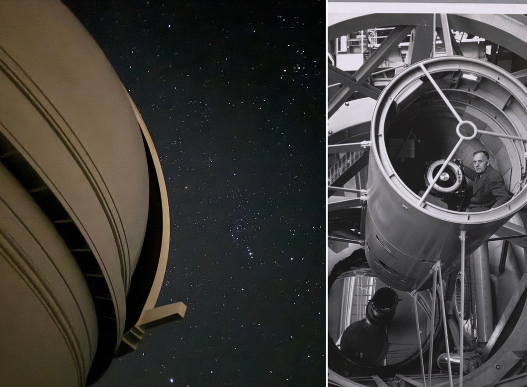Palomar today (left); vintage image of the telescope (right)