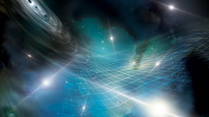 Artist's concept of a network of pulsars that detect gravitational waves from pairs of orbiting supermassive black holes.