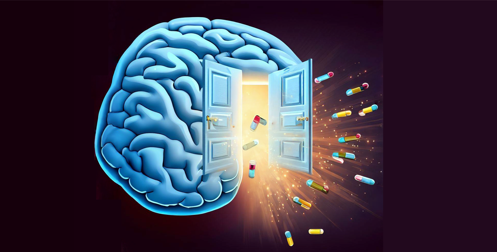 Illustration of a brain with an open door and molecules entering and exiting