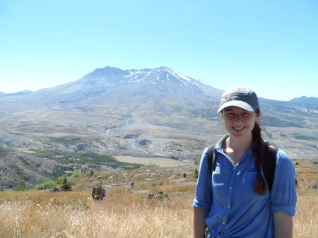 A person stands in front of a distant volcano