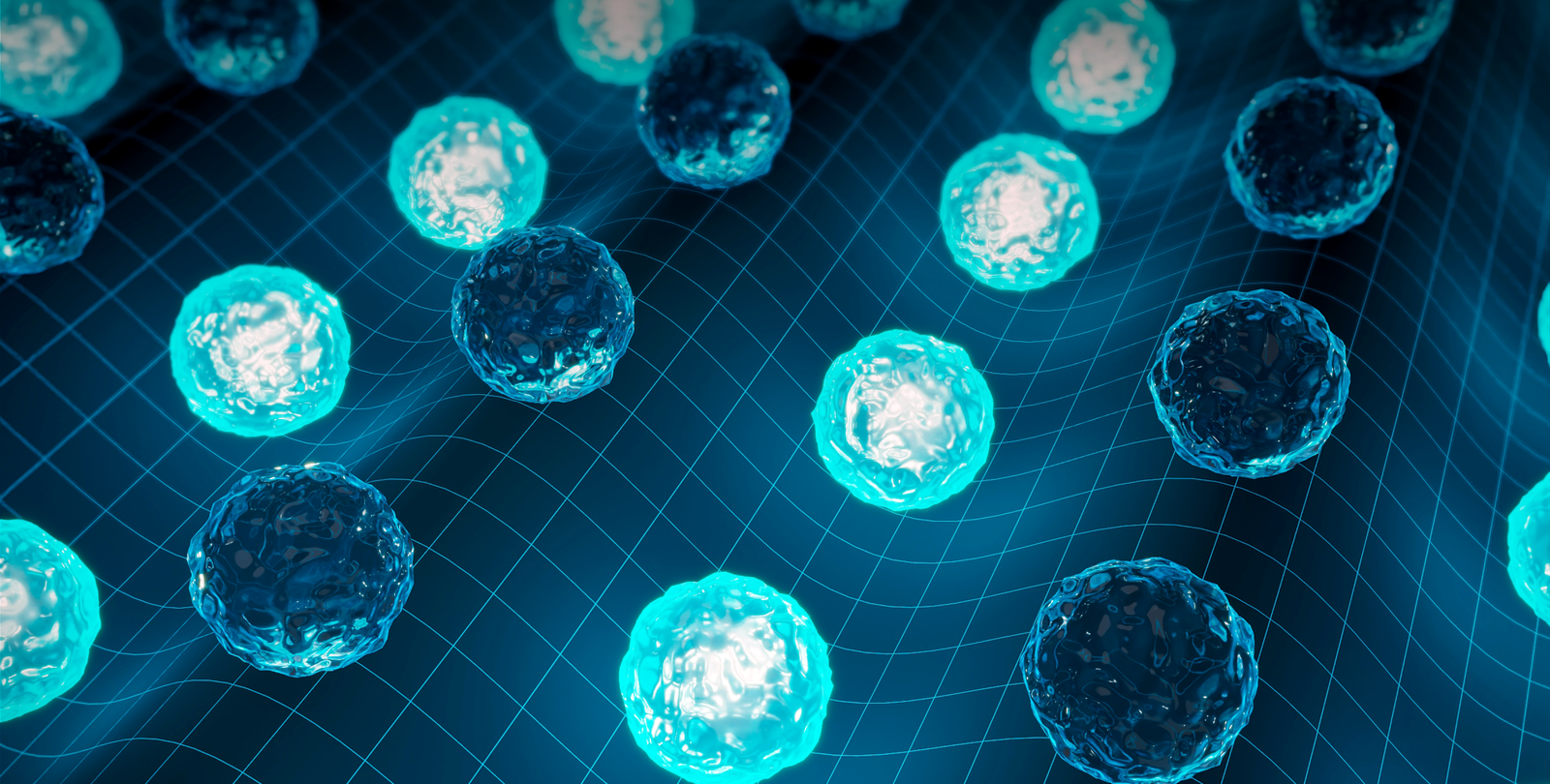 An artist's concept of cells being aligned by ultrasound. Spheres with different appearances line up in troughs and peaks of waves.